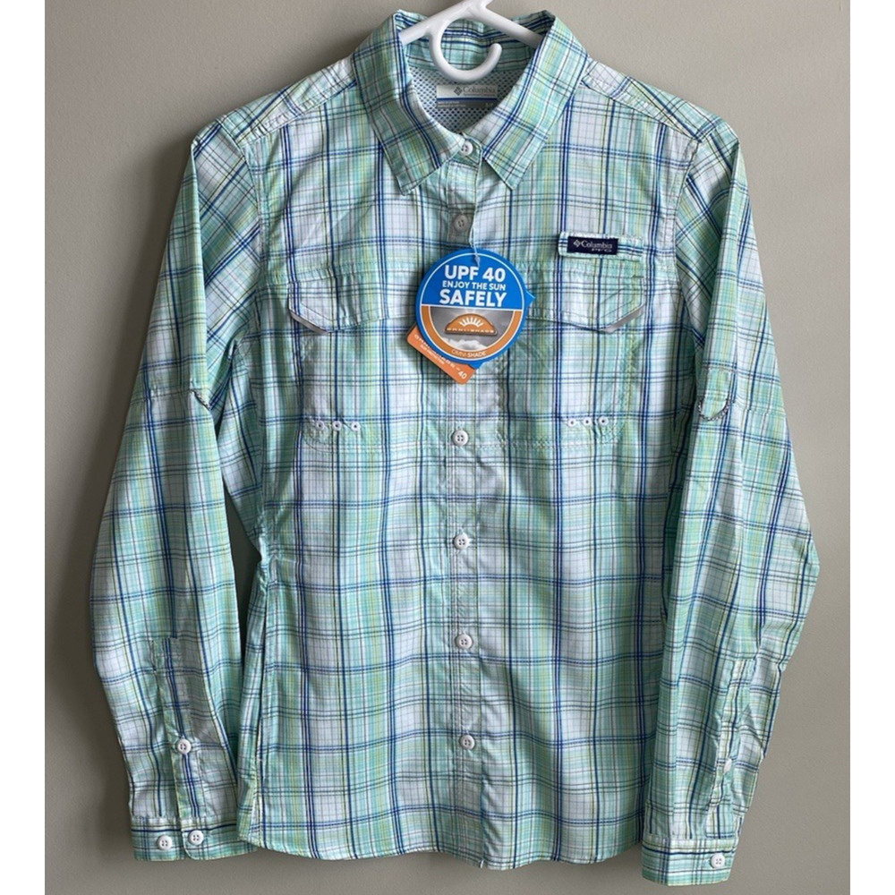 Columbia PFG Super Lo Drag Shirt Green Plaid Vented Fishing Outdoor Women's S Sm